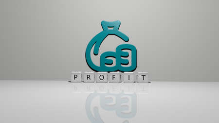 3D representation of profit with icon on the wall and text arranged by metallic cubic letters on a...