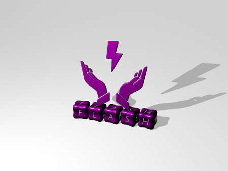 3D graphical image of flash vertically along with text built by metallic cubic letters from the top...