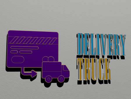 3D illustration of DELIVERY TRUCK graphics and text made by metallic dice letters for the related meanings of the concept and presentations for business and boxの写真素材