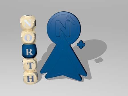 3D representation of north with icon on the wall and text arranged by metallic cubic letters on a mirror floor for concept meaning and slideshow presentation for blue and americaの写真素材
