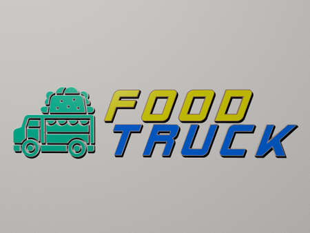 3D representation of FOOD TRUCK with icon on the wall and text arranged by metallic cubic letters on a mirror floor for concept meaning and slideshow presentation for background and illustrationの写真素材