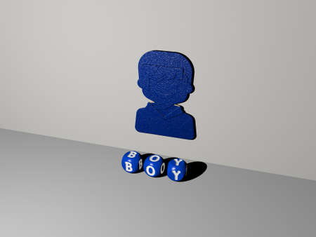 3D illustration of boy graphics and text made by metallic dice letters for the related meanings of the concept and presentations for child and backgroundの写真素材