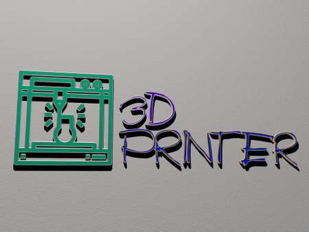 3D graphical image of 3D PRINTER vertically along with text built by metallic cubic letters from the...