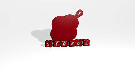 3D representation of sponge with icon on the wall and text arranged by metallic cubic letters on a...
