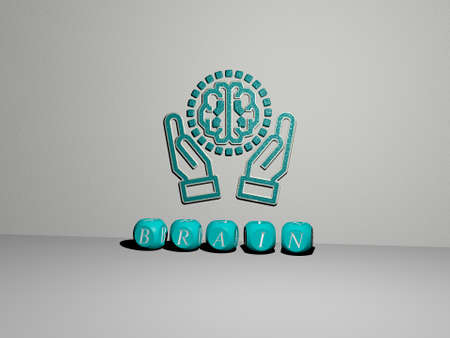 3D graphical image of brain vertically along with text built by metallic cubic letters from the top perspective, excellent for the concept presentation and slideshows for illustration and backgroundの写真素材