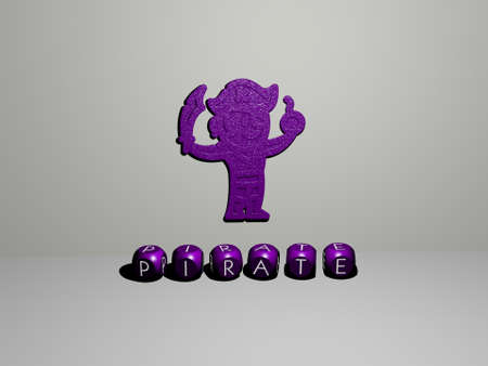 3D illustration of pirate graphics and text made by metallic dice letters for the related meanings...