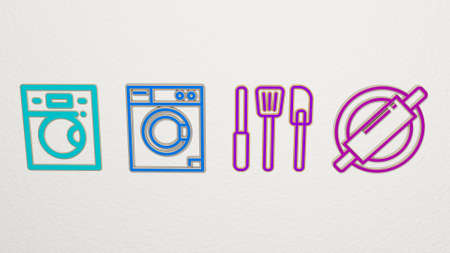 KITCHEN TOOLS made by 3D illustration of a shiny metallic sculpture on a wall with light background