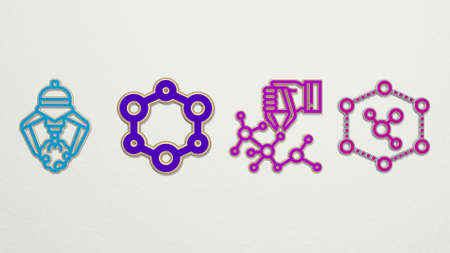 nanotechnology made by 3D illustration of a shiny metallic sculpture on a wall with light background...