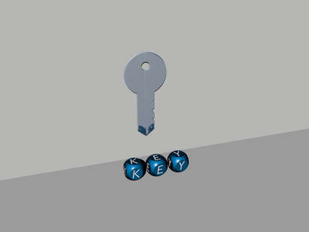 3D representation of key with icon on the wall and text arranged by metallic cubic letters on a mirror floor for concept meaning and slideshow presentation, 3D illustrationの写真素材