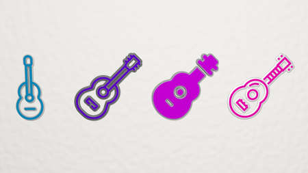 SPANISH GUITAR from a perspective on the wall A thick sculpture made of metallic materials of 3D rendering, 3D illustrationの写真素材