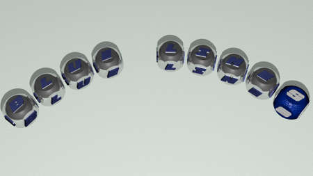 BLUE LINES combined by dice letters and color crossing for the related meanings of the concept, 3D...