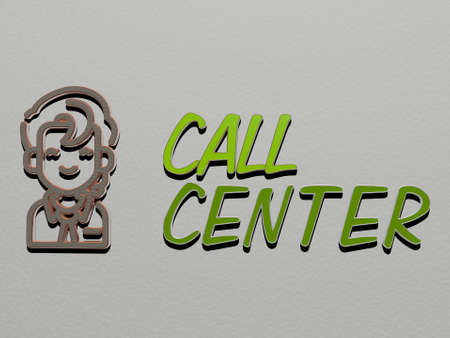 3D representation of call center with icon on the wall and text arranged by metallic cubic letters on a mirror floor for concept meaning and slideshow presentation, 3D illustrationの写真素材