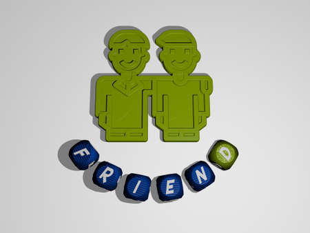 3D graphical image of FRIEND vertically along with text built around the icon by metallic cubic letters from the top perspective, excellent for the concept presentation and slideshows, 3Dの写真素材