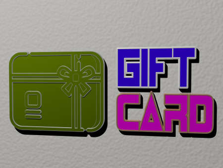 3D representation of gift card with icon on the wall and text arranged by metallic cubic letters on...