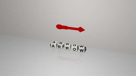 3D representation of ARROW with icon on the wall and text arranged by metallic cubic letters on a mirror floor for concept meaning and slideshow presentation, 3D illustrationの写真素材