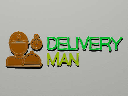 3D illustration of delivery man graphics and text made by metallic dice letters for the related meanings of the concept and presentations, 3D illustrationの写真素材