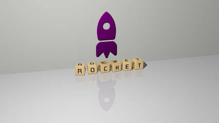 3D graphical image of rocket vertically along with text built by metallic cubic letters from the top...