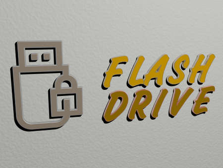 3D illustration of FLASH DRIVE graphics and text made by metallic dice letters for the related...