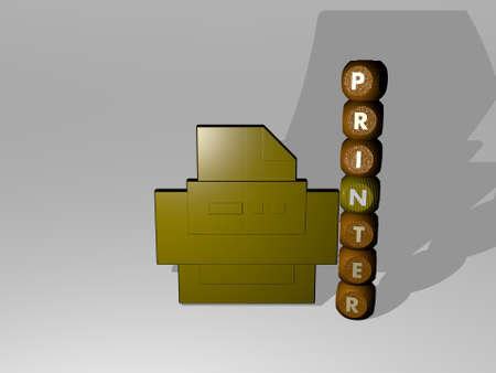 3D graphical image of PRINTER vertically along with text built around the icon by metallic cubic letters from the top perspective excellent for the concept presentation and slideshows, 3Dの写真素材