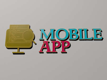 3D graphical image of mobile app vertically along with text built by metallic cubic letters from the...