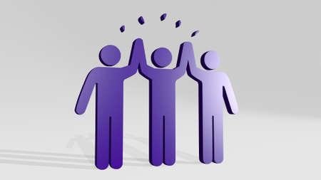 PEOPLE WITH A WINNER from a perspective on the wall A thick sculpture made of metallic materials of 3D rendering, 3D illustrationの写真素材