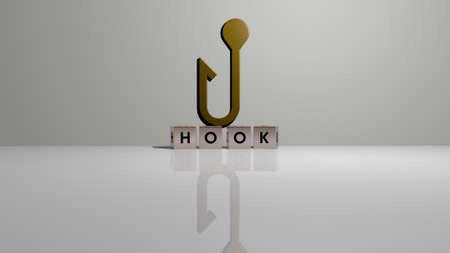 3D graphical image of HOOK vertically along with text built by metallic cubic letters from the top perspective, excellent for the concept presentation and slideshows, 3D illustrationの写真素材