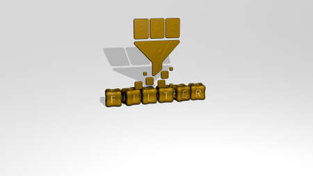 3D representation of FILTER with icon on the wall and text arranged by metallic cubic letters on a mirror floor for concept meaning and slideshow presentation, 3D illustrationの写真素材