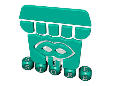 3D representation of STORE with icon on the wall and text arranged by metallic cubic letters on a mirror floor for concept meaning and slideshow presentation, 3D illustrationの写真素材