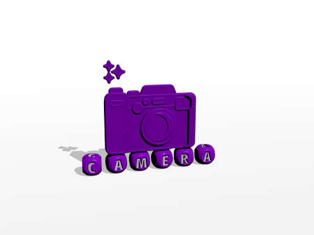 3D illustration of camera graphics and text made by metallic dice letters for the related meanings of the concept and presentations, 3D illustrationの写真素材
