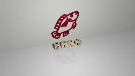 3D illustration of FISH graphics and text made by metallic dice letters for the related meanings of...