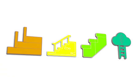 stairs made by 3D illustration of a shiny metallic sculpture on a wall with light background, 3D illustrationの写真素材