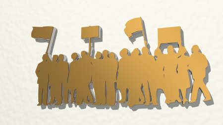 CROWD OF PROTEST WITH BANNERS on the wall 3D illustration of metallic sculpture over a white background with mild texture, 3D illustrationの写真素材