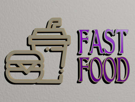 3D representation of FAST FOOD with icon on the wall and text arranged by metallic cubic letters on a mirror floor for concept meaning and slideshow presentation, 3D illustrationの写真素材