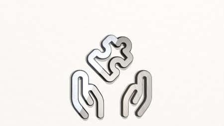 module hands puzzle on the wall 3D illustration of metallic sculpture over a white background with...