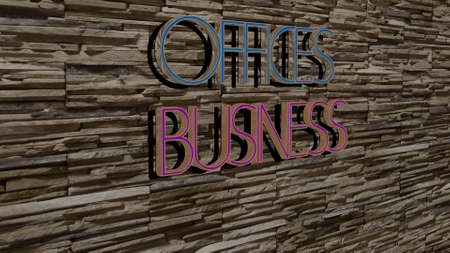 3D illustration of OFFICES BUSINESS graphics and text made by metallic dice letters for the related meanings of the concept and presentations, 3D illustrationの写真素材