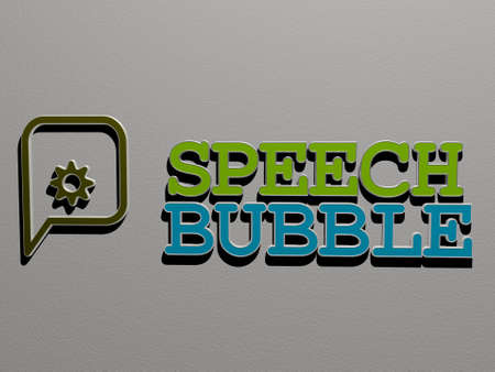 3D representation of speech bubble with icon on the wall and text arranged by metallic cubic letters on a mirror floor for concept meaning and slideshow presentation, 3D illustrationの写真素材