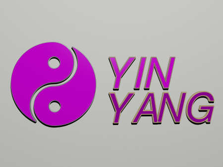 3D graphical image of yin yang vertically along with text built by metallic cubic letters from the top perspective, excellent for the concept presentation and slideshows, 3D illustrationの写真素材