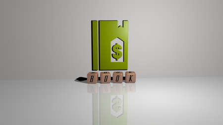 3D graphical image of book vertically along with text built by metallic cubic letters from the top perspective, excellent for the concept presentation and slideshows, 3D illustrationの写真素材