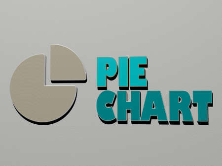 3D graphical image of pie chart vertically along with text built by metallic cubic letters from the top perspective, excellent for the concept presentation and slideshows, 3D illustrationの写真素材