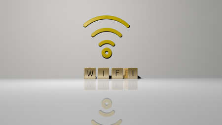 3D representation of WIFI with icon on the wall and text arranged by metallic cubic letters on a mirror floor for concept meaning and slideshow presentation, 3D illustrationの写真素材