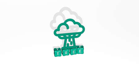 3D graphical image of TREE vertically along with text built by metallic cubic letters from the top perspective, excellent for the concept presentation and slideshows, 3D illustrationの写真素材