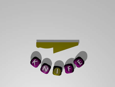 3D graphical image of KNIFE vertically along with text built around the icon by metallic cubic letters from the top perspective, excellent for the concept presentation and slideshows, 3D illustrationの写真素材