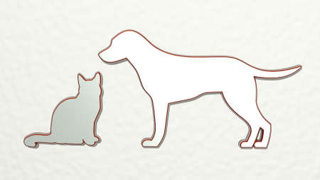 cat and dog made by 3D illustration of a shiny metallic sculpture on a wall with light background, 3D illustrationの写真素材