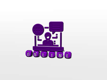 3D graphical image of ONLINE vertically along with text built by metallic cubic letters from the top perspective, excellent for the concept presentation and slideshows, 3D illustrationの写真素材