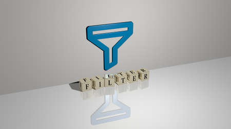 3D graphical image of filter vertically along with text built by metallic cubic letters from the top perspective, excellent for the concept presentation and slideshows, 3D illustrationの写真素材