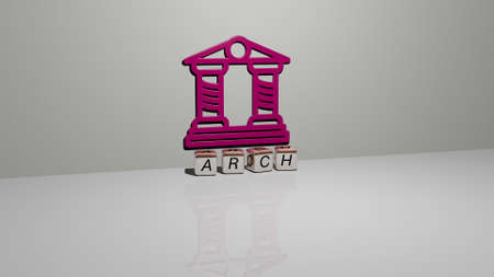 3D representation of ARCH with icon on the wall and text arranged by metallic cubic letters on a...