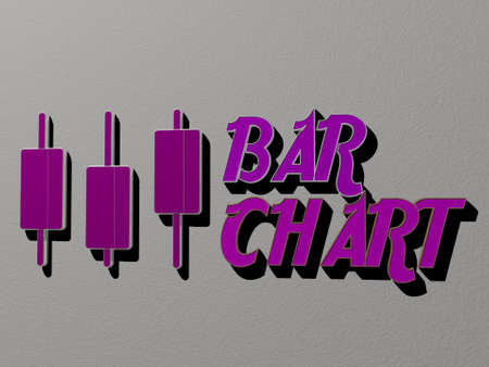 3D representation of BAR CHART with icon on the wall and text arranged by metallic cubic letters on...