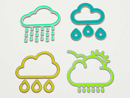 RAINY from a perspective on the wall A thick sculpture made of metallic materials of 3D rendering, 3D illustrationの写真素材