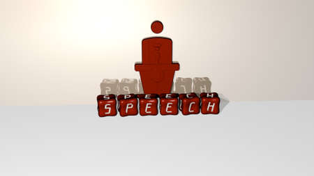 3D representation of SPEECH with icon on the wall and text arranged by metallic cubic letters on a mirror floor for concept meaning and slideshow presentation, 3D illustrationの写真素材