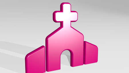 CHURCH from a perspective with the shadow A thick sculpture made of metallic materials of 3D rendering, 3D illustrationの写真素材